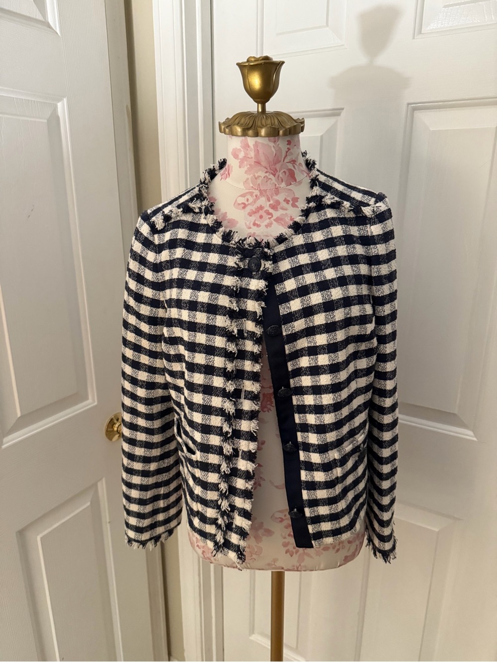 Brooks Brothers Navy and White Gingham Fringe Tweed Jacket